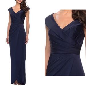 La Femme  25206 Ruched Long Jersey Dress in Navy Blue | Size 14